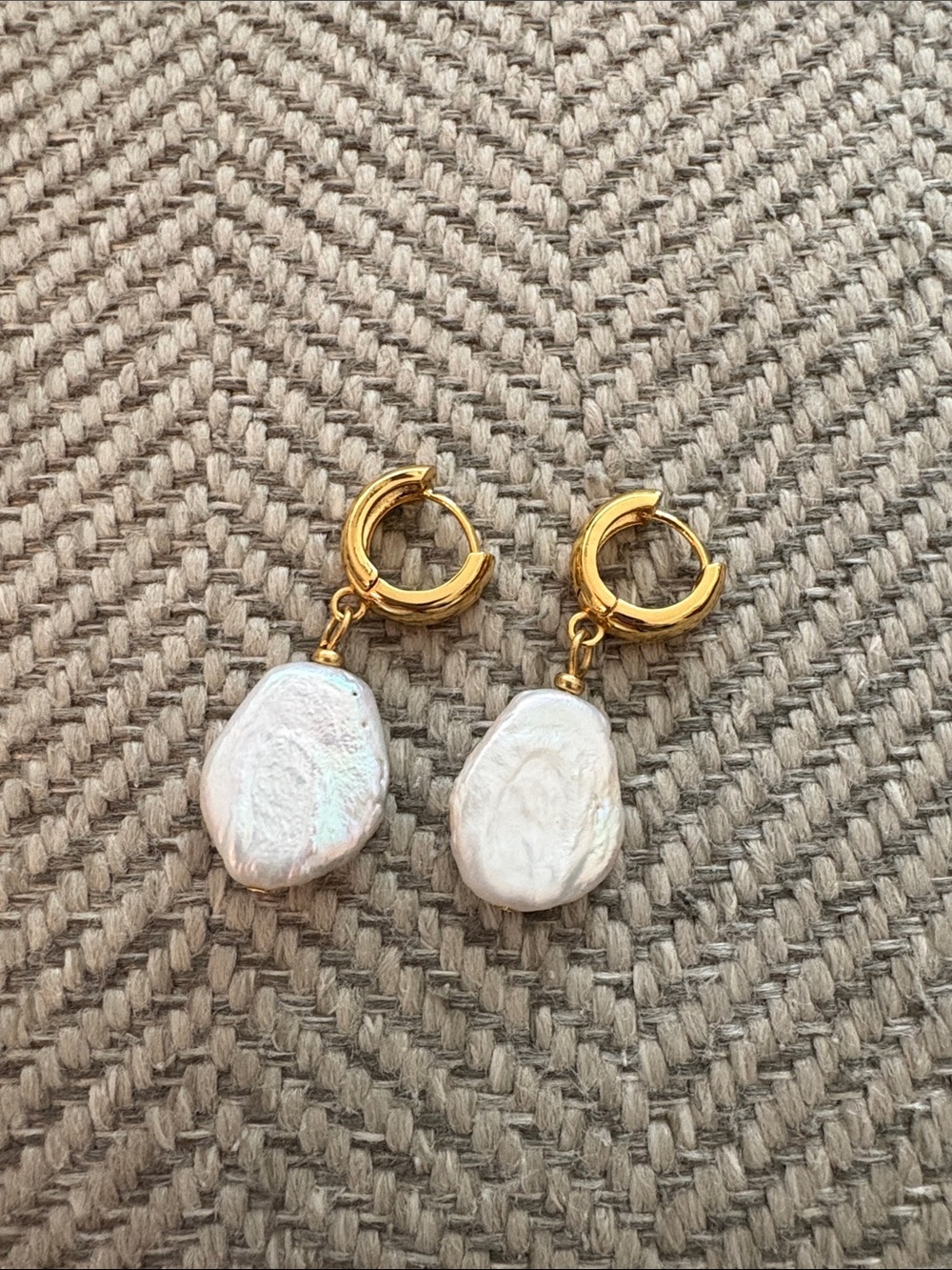 Gold Hoop Earrings with White Baroque Pearl Drops